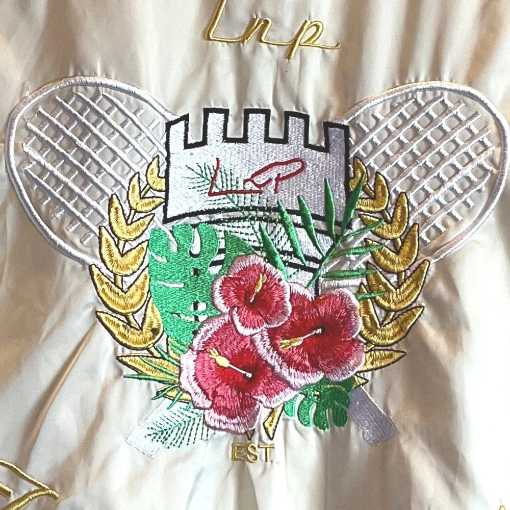 Liquor‎ n poker 'satin' bomber jacket embroidered zip tennis club Men XS Women S